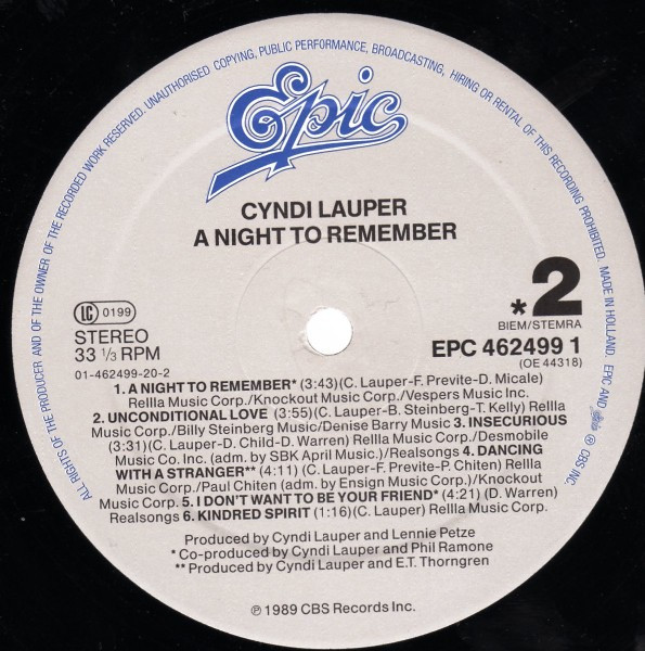 Cyndi Lauper - A Night To Remember tweedehands pop LP bij Run4Records
