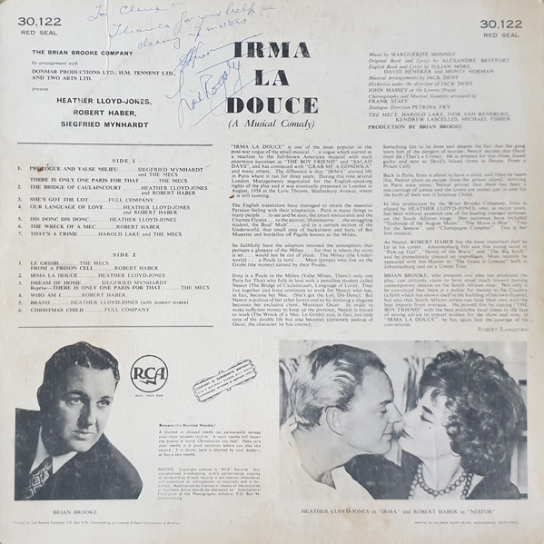 The Brian Brooke Company, Heather Lloyd-Jones, Robert Haber, Siegfried Mynhardt, Harold Lake - Irma La Douce (A Musical Comedy) tweedehands film/tv LP bij Run4Records