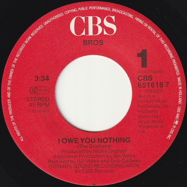 Bros - I Owe You Nothing tweedehands 7 inch LP bij Run4Records