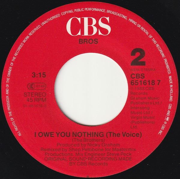 Bros - I Owe You Nothing tweedehands 7 inch LP bij Run4Records