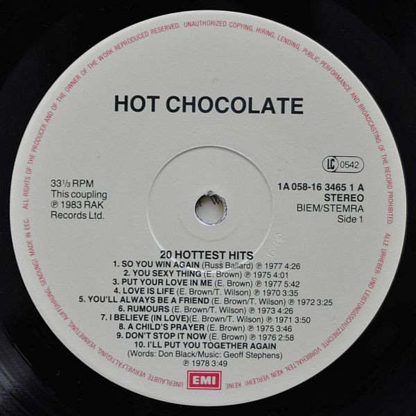 Hot Chocolate - 20 Hottest Hits tweedehands soul LP bij Run4Records