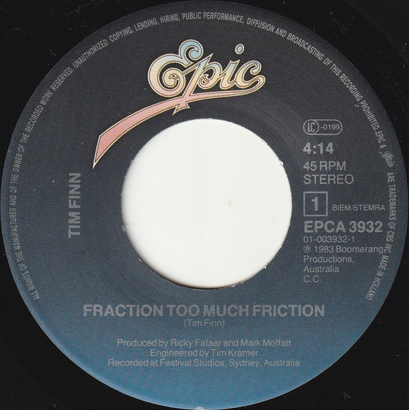 Tim Finn - Fraction Too Much Friction tweedehands 7 inch LP bij Run4Records