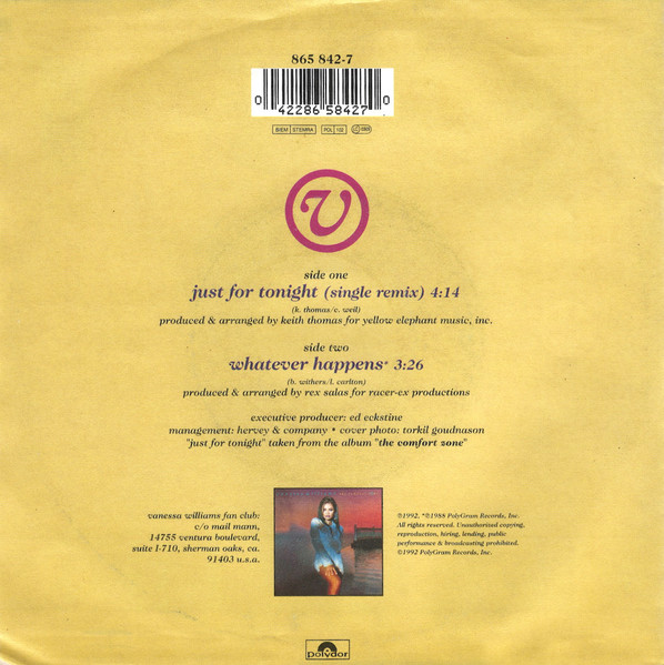 Vanessa Williams - Just For Tonight tweedehands 7 inch LP bij Run4Records