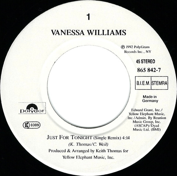 Vanessa Williams - Just For Tonight tweedehands 7 inch LP bij Run4Records
